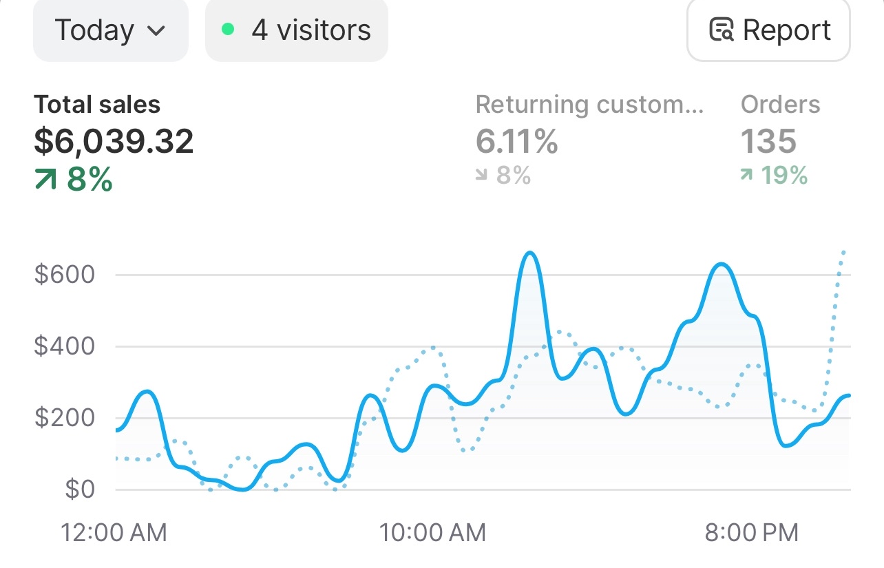 Daily dashboard showing $6,039.32 in total sales, up 8%, with 135 orders