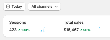 Snapshot showing 423 sessions up 100% and $16,467 in total sales up 56%